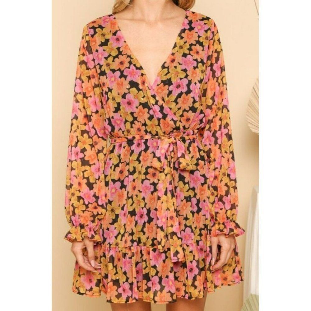 SALE! Peach Love Women Floral Fall Dress Babydoll Pink Orange Flowers D85620-01 - Picture 6 of 10